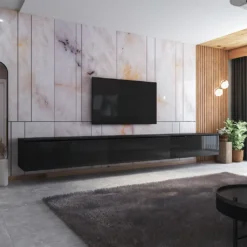 Selsey TV-Lowboard SKYLARA - Fernsehschrank 300 Cm Breit - Schwarz Matt / Schwarz Hochglanz - 3 Klapptüren - Stehend / Hängend