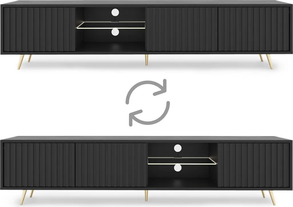 Selsey TV-Lowboard Bello Schwarz Mit Weißer LED-Beleuchtung Lamellenfront Goldene Füße 175 Cm Breit – Bild 6