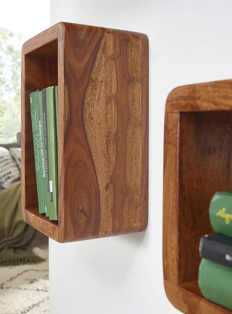 WOHNLING Design Wandregal 3er Set BOHA Massiv Holzregale Sheesham Landhausstil | Rustikales Wandregal-Set Holz | Hängeregal Viereckig Echtholz | Wand-Regale | Hängend Würfel | Regal Wandkästen Eckig – Bild 5