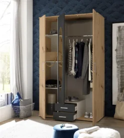 Kleiderschrank "Kassel" In Artisan Eiche / Graphit Mit 2 Schubladen Und 3 Türen. Abmessungen (BxHxT) 120x195x55 Cm
