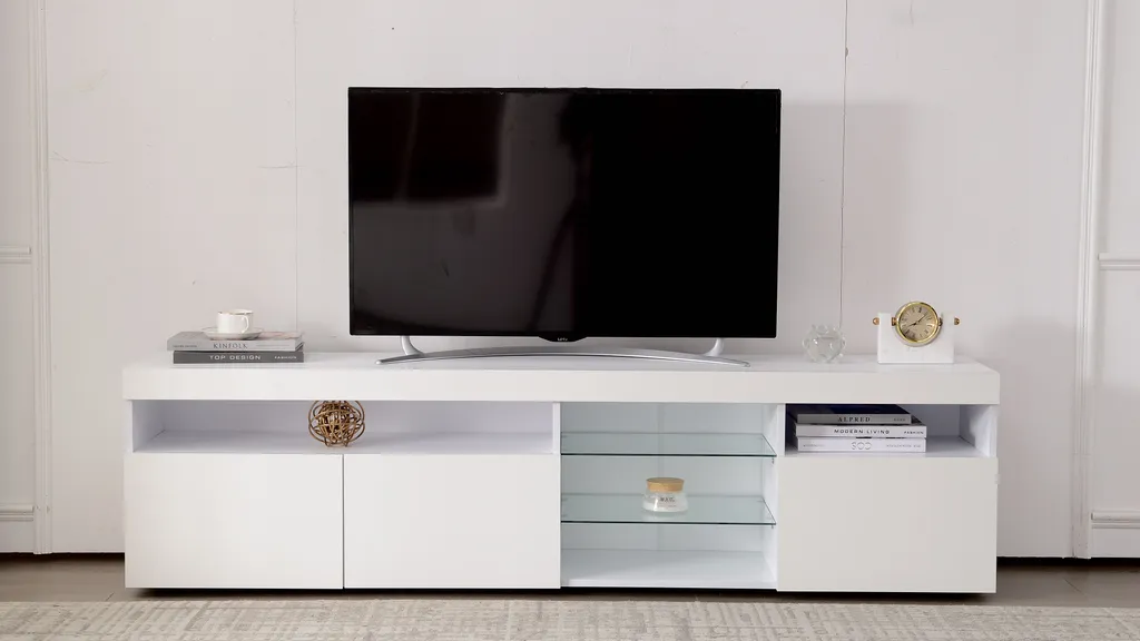 Merax LED TV-Lowboard Weiß Hochglanz Mit LED-Beleuchtung Inkl. Fernbedienung, TV Schrank TV-Schränke Fernsehtisch 180cm Wohnzimmerschränke – Bild 8