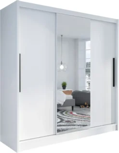 Mirjan24 Schiebetürenschrank Aris I, Kleiderschrank Mit Frontspiegel, Garderobenschrank (Farbe: Weiß / Weiß + Spiegel)