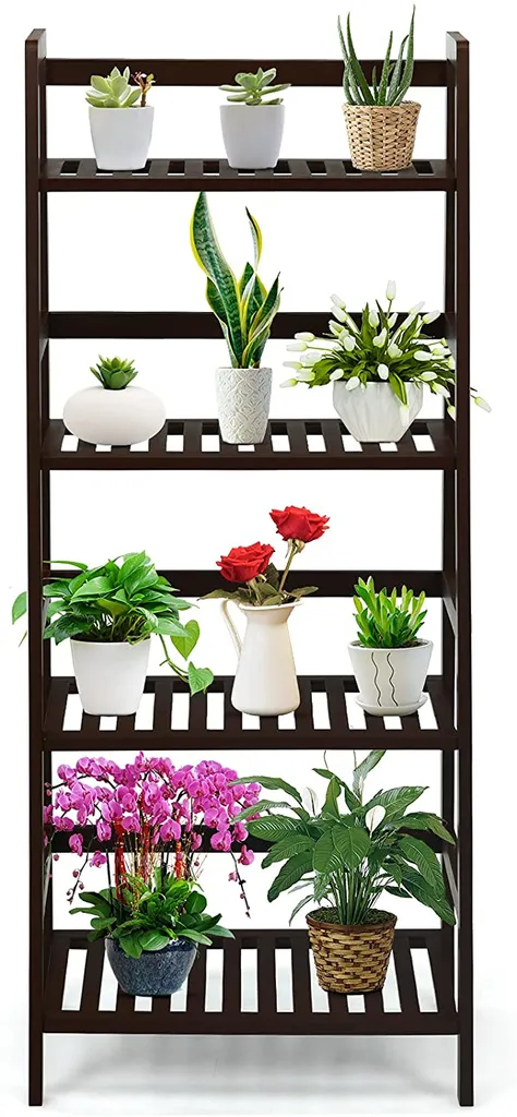 4 Etagen Leiterregal Aus Bambus, Standregal, Blumenregal, Pflantzenregal, Bücherregal Für Balkon & Arbeitszimmer&Wohnzimmer, 48x32x115cm (Braun) – Bild 5