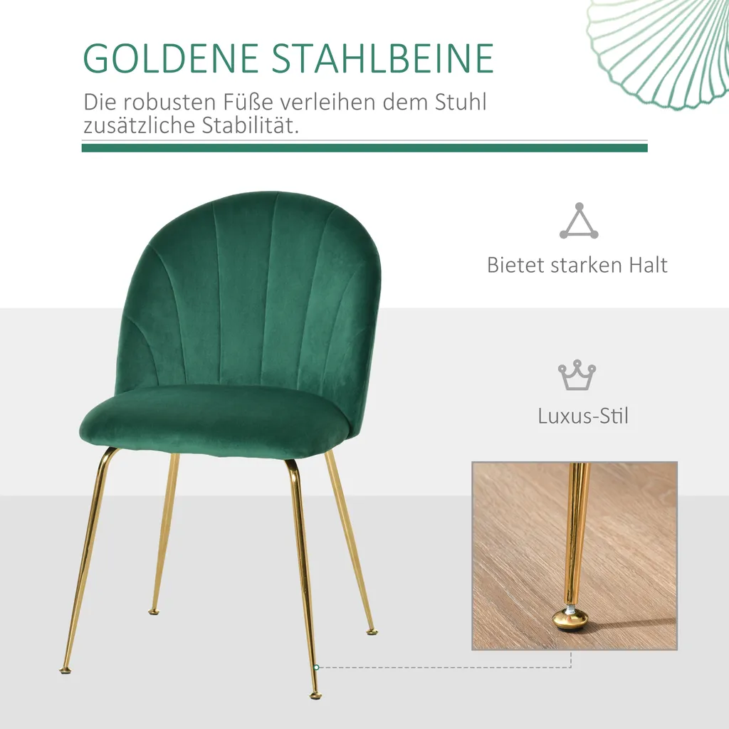 HOMCOM 2er-Set Küchenstühle Esszimmerstühle Polsterstuhl Mit Rückenlehne Wohnzimmerstuhl Essstühle Mit Metallbeinen Polyester-Gewebe Grün+Gold 52 X 52 X 81 Cm – Bild 4
