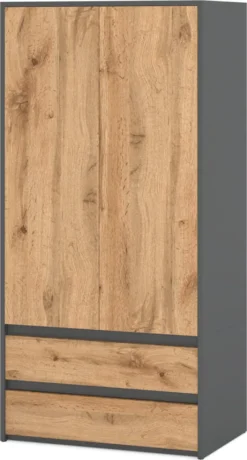 FURNICA - JOELLE - Kleiderschrank Mit 2 Türen Und 2 Schubladen - Anthrazit Grau / Wotan Eiche H180cm B90cm T50cm