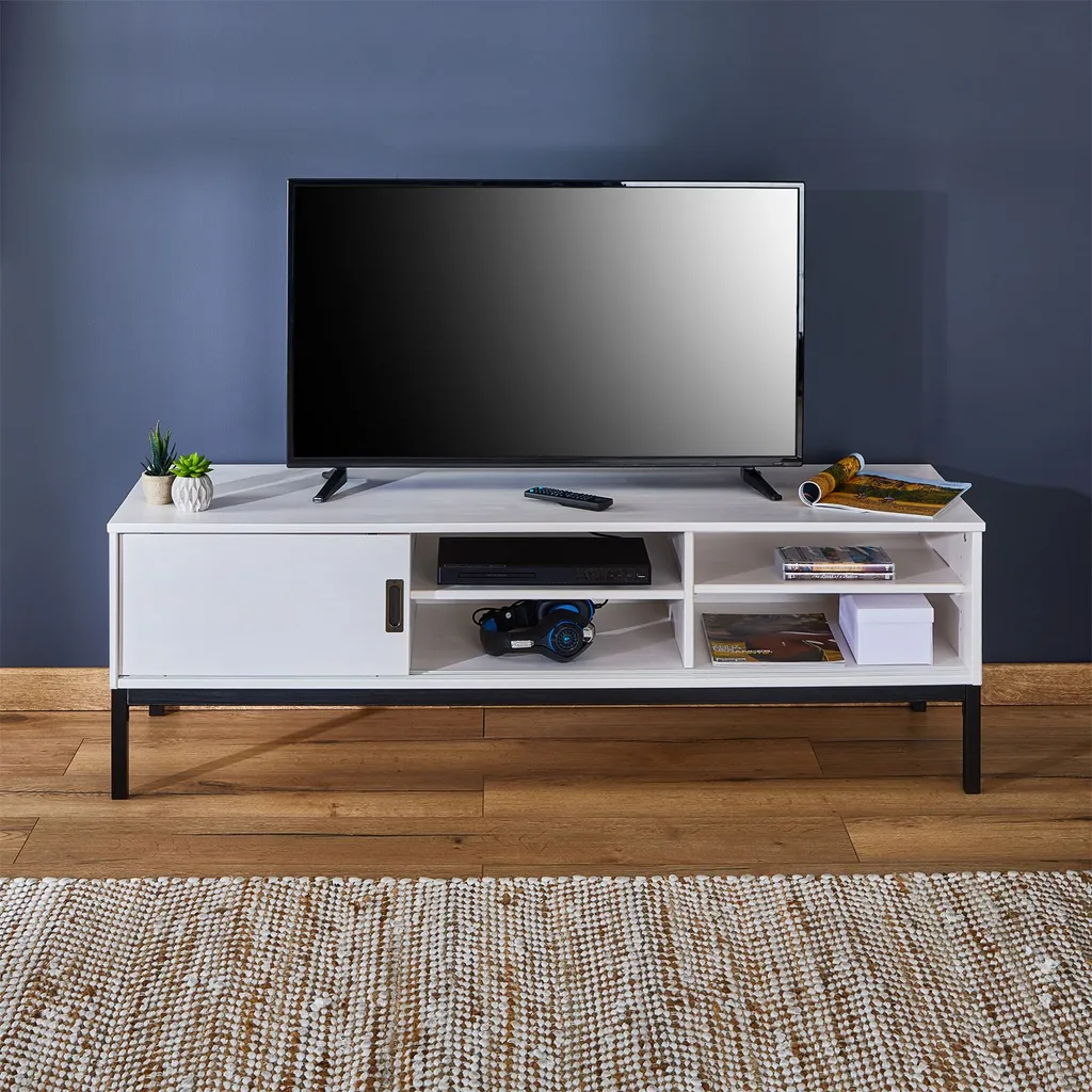 Lowboard TV Möbel SELMA, Fernsehtisch Fernsehschrank Im Industrial Design Mit 2 Schiebetüren 1 Offenes Fach, Kiefer Massiv, Weiß – Bild 6