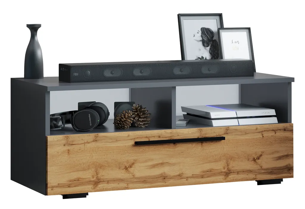 VCM Holz TV Lowboard Möbel Fernsehschrank Tisch Konsole Fernsehtisch Arila L Anthrazit / Honig-Eiche – Bild 2