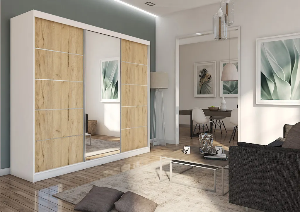 FURNIX Kleiderschrank MYIU 240 Schrank Schiebetüren Spiegeltür Weiß Artisan