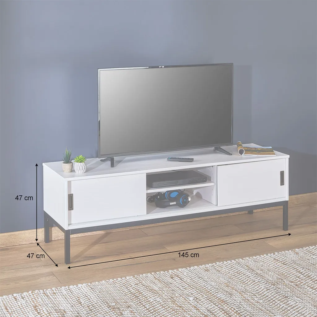 Lowboard TV Möbel SELMA, Fernsehtisch Fernsehschrank Im Industrial Design Mit 2 Schiebetüren 1 Offenes Fach, Kiefer Massiv, Weiß – Bild 8