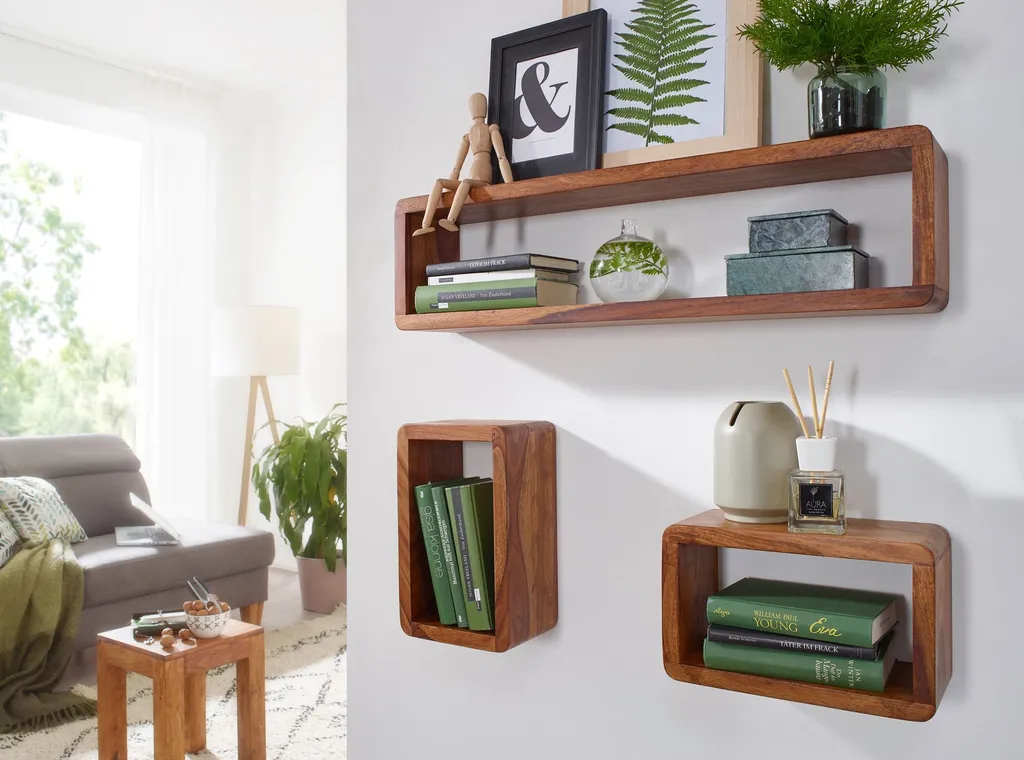 WOHNLING Design Wandregal 3er Set BOHA Massiv Holzregale Sheesham Landhausstil | Rustikales Wandregal-Set Holz | Hängeregal Viereckig Echtholz | Wand-Regale | Hängend Würfel | Regal Wandkästen Eckig – Bild 2