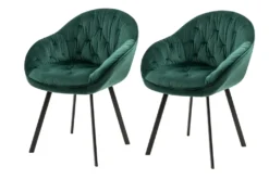 SalesFever Polsterstuhl 2er Set Mit Armlehnen | Stoffbezug In Samt-Optik | Gestell Metall Schwarz | Diamantsteppung | B 62 X T 66 X H 83 Cm | Grün