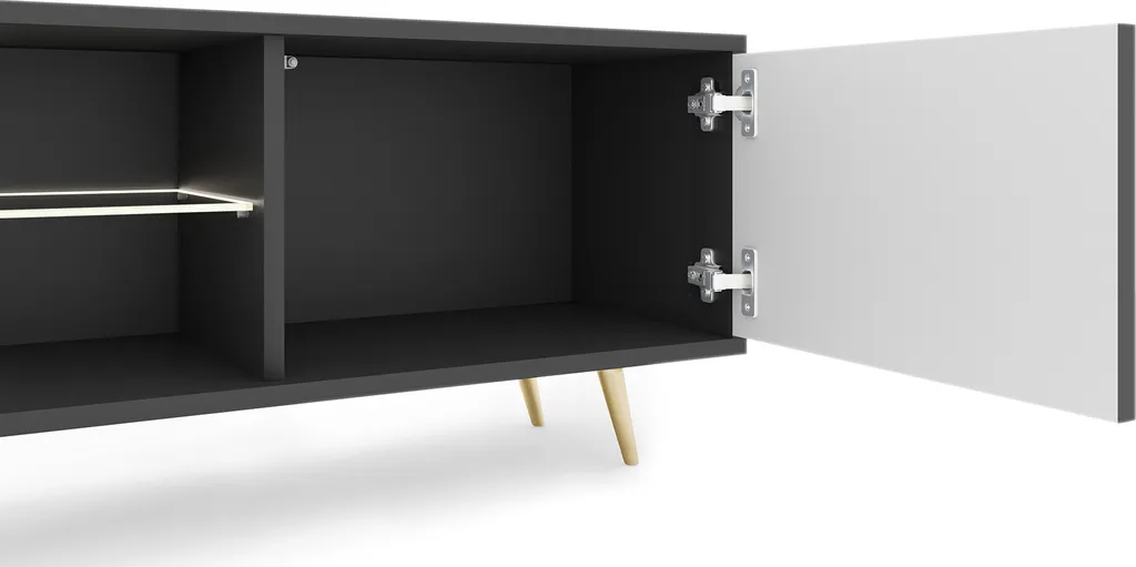 Selsey TV-Lowboard Bello Schwarz Mit Weißer LED-Beleuchtung Lamellenfront Goldene Füße 175 Cm Breit – Bild 8
