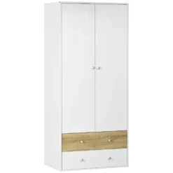 HOMCOM Kleiderschrank, Drehtürenschrank Mit 2 Schubladen, Schrank Mit Türen, Garderobenständer Mit Kippschutz Für Wohnzimmer, Schlafzimmer, Weiß, 80 X 50 X 180cm