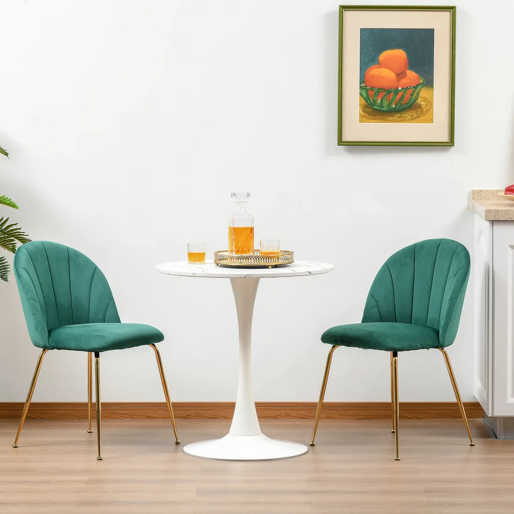 HOMCOM 2er-Set Küchenstühle Esszimmerstühle Polsterstuhl Mit Rückenlehne Wohnzimmerstuhl Essstühle Mit Metallbeinen Polyester-Gewebe Grün+Gold 52 X 52 X 81 Cm – Bild 2