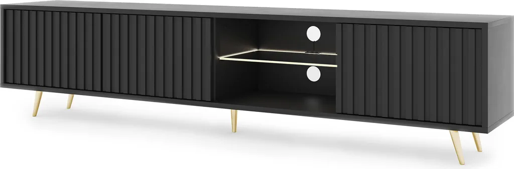 Selsey TV-Lowboard Bello Schwarz Mit Weißer LED-Beleuchtung Lamellenfront Goldene Füße 175 Cm Breit – Bild 2