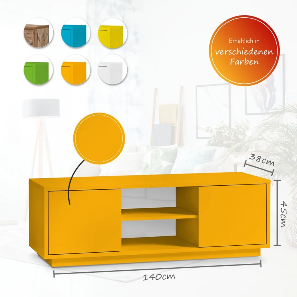 AILEENSTORE TV-Lowboard Eyecatcher - Fernseher-Tisch In Holz-Optik - HiFi-Kommode Mit 2 Türen & 2 Fächern - Wohnzimmer-Möbel, Farbe:Orange – Bild 2