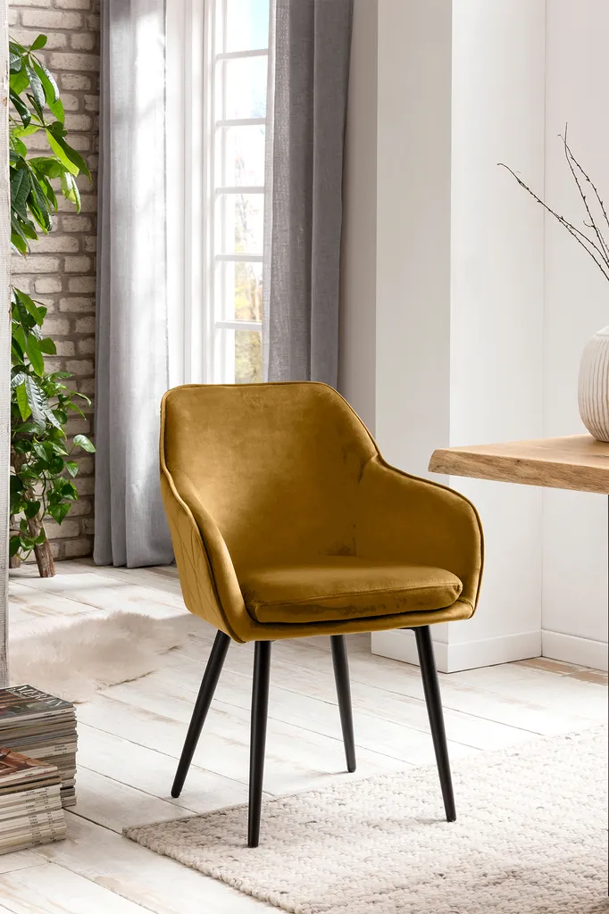 SalesFever Esszimmerstuhl | Stoffbezug In Samt-Optik | Höhenverstellbares Metallgestell | Diamantsteppung | B 61 X T 60 X H 85 Cm | Senfgelb – Schwarz – Bild 6