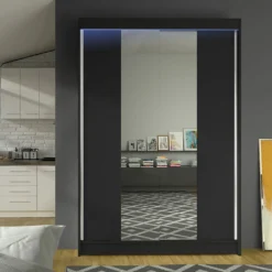Mirjan24 Schiebetürenschrank Lino II, Schrank Mit Spiegel, Kleiderschrank (Schwarz, Mit RGB LED Beleuchtung)