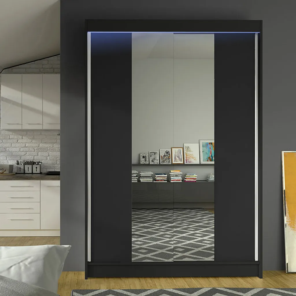 Mirjan24 Schiebetürenschrank Lino II, Schrank Mit Spiegel, Kleiderschrank (Schwarz, Mit RGB LED Beleuchtung)