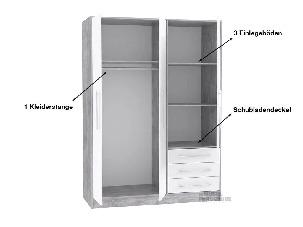 Kleiderschrank Drehtürenschrank JUPITER Betonoptik Weiß 145 Cm - Die Möbelfundgrube – Bild 4