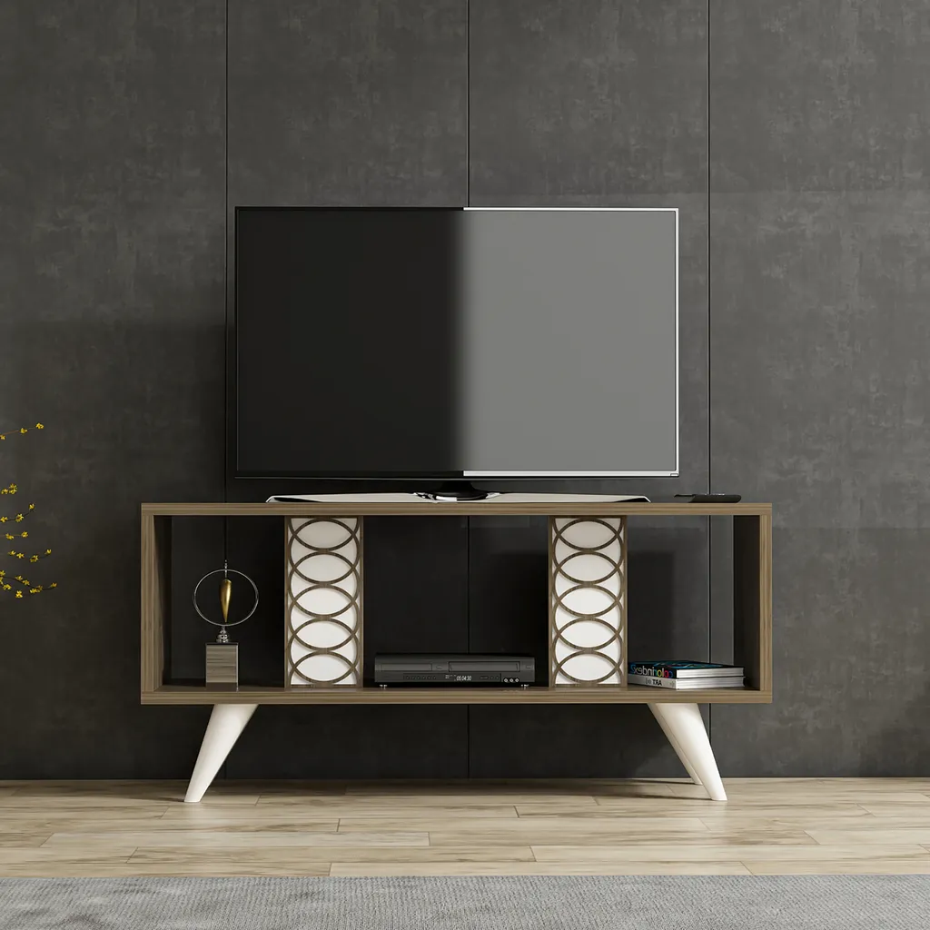 TV Board Ockelbo Lowboard 45 X 90 X 30 Cm Fernsehtisch Mit Zwei Schranktüren TV-Schrank Weiß / Walnuss – Bild 2