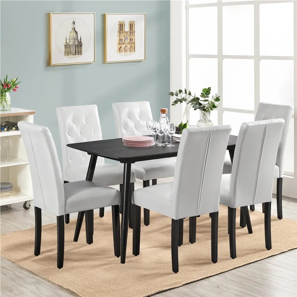 Yaheetech Esszimmerstühle 2er Set Küchenstuhl Polsterstuhl Mit Hoher Rückenlehne, Beine Aus Massivholz, Gepolsterte Sitzfläche Aus Kunstleder Weiß – Bild 2