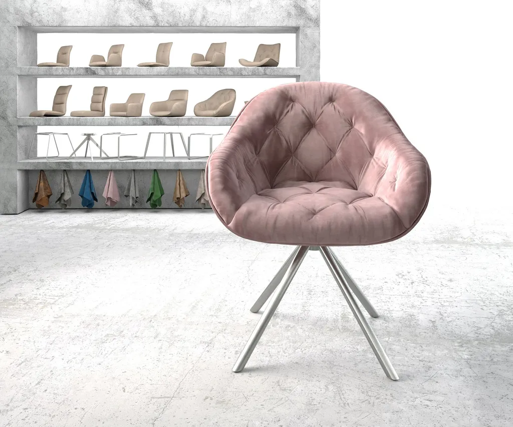 DELIFE Drehstuhl Gaio-Flex Mit Armlehnen Samt Rosé Kreuzgestell Rund Edelstahl 180° Drehbar – Bild 2