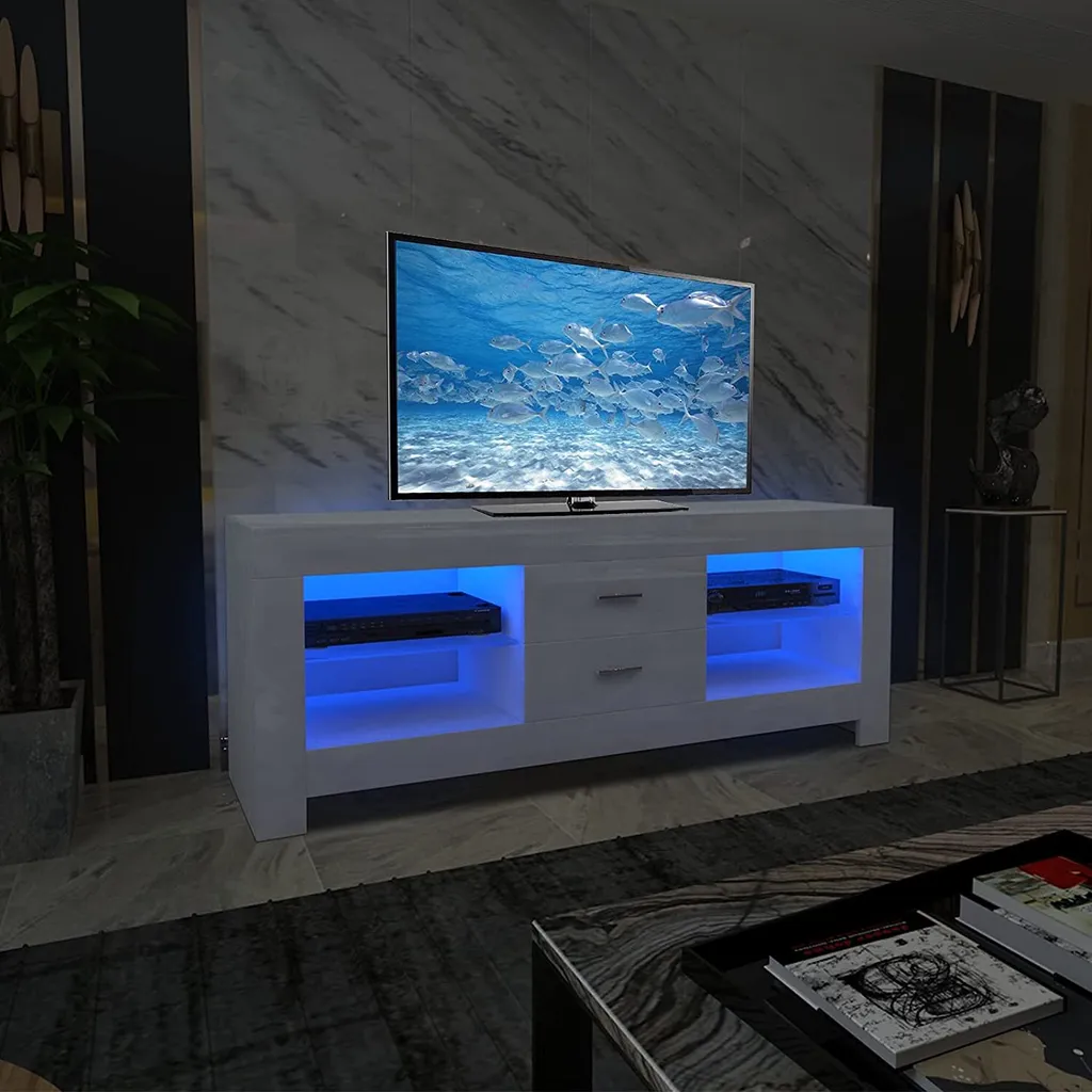 Iropro TV Schrank Board Lowboard Fernsehtisch Mit LED Beleuchtung Weiß Hochglanz Mit Schubladen, 130x50x35 Cm – Bild 3