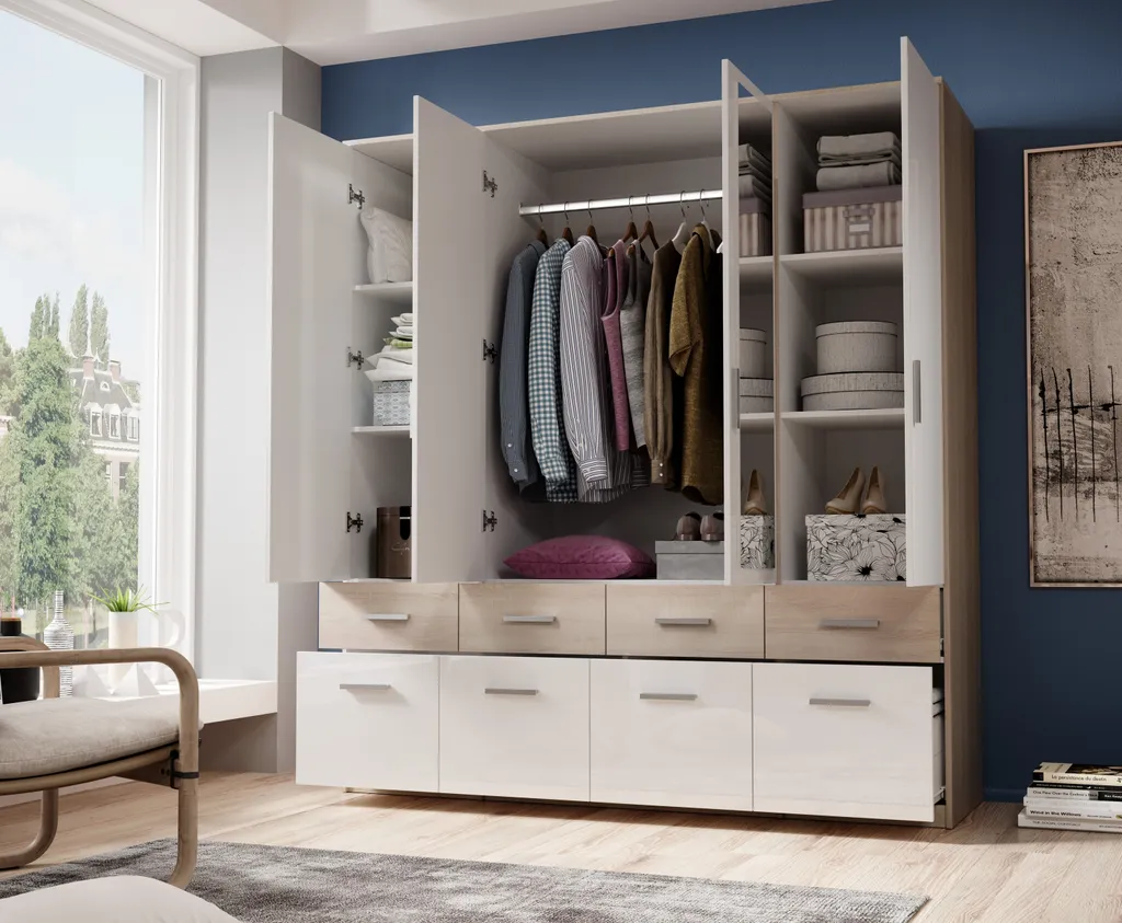 Kleiderschrank "Box" In Sonoma Eiche / Weiß Mit 8 Schubladen Und 4 Türen. Abmessungen (BxHxT) 180x198x55 Cm – Bild 3