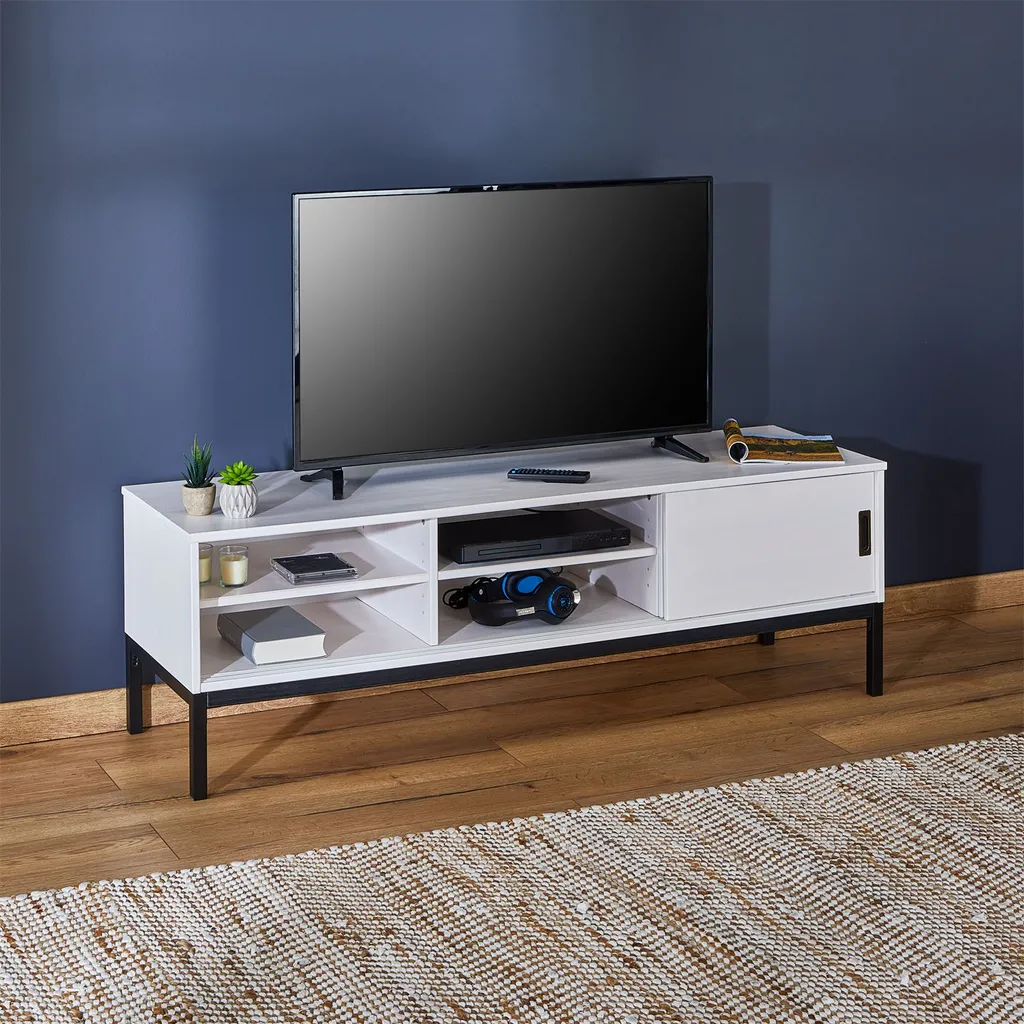 Lowboard TV Möbel SELMA, Fernsehtisch Fernsehschrank Im Industrial Design Mit 2 Schiebetüren 1 Offenes Fach, Kiefer Massiv, Weiß – Bild 4