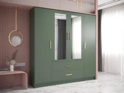 Mirjan24 Kleiderschrank Berlin 201, Drehtürenschrank Mit Spiegel, Modern Schlafzimmerschrank (Farbe: Grün + Gold Griffe)