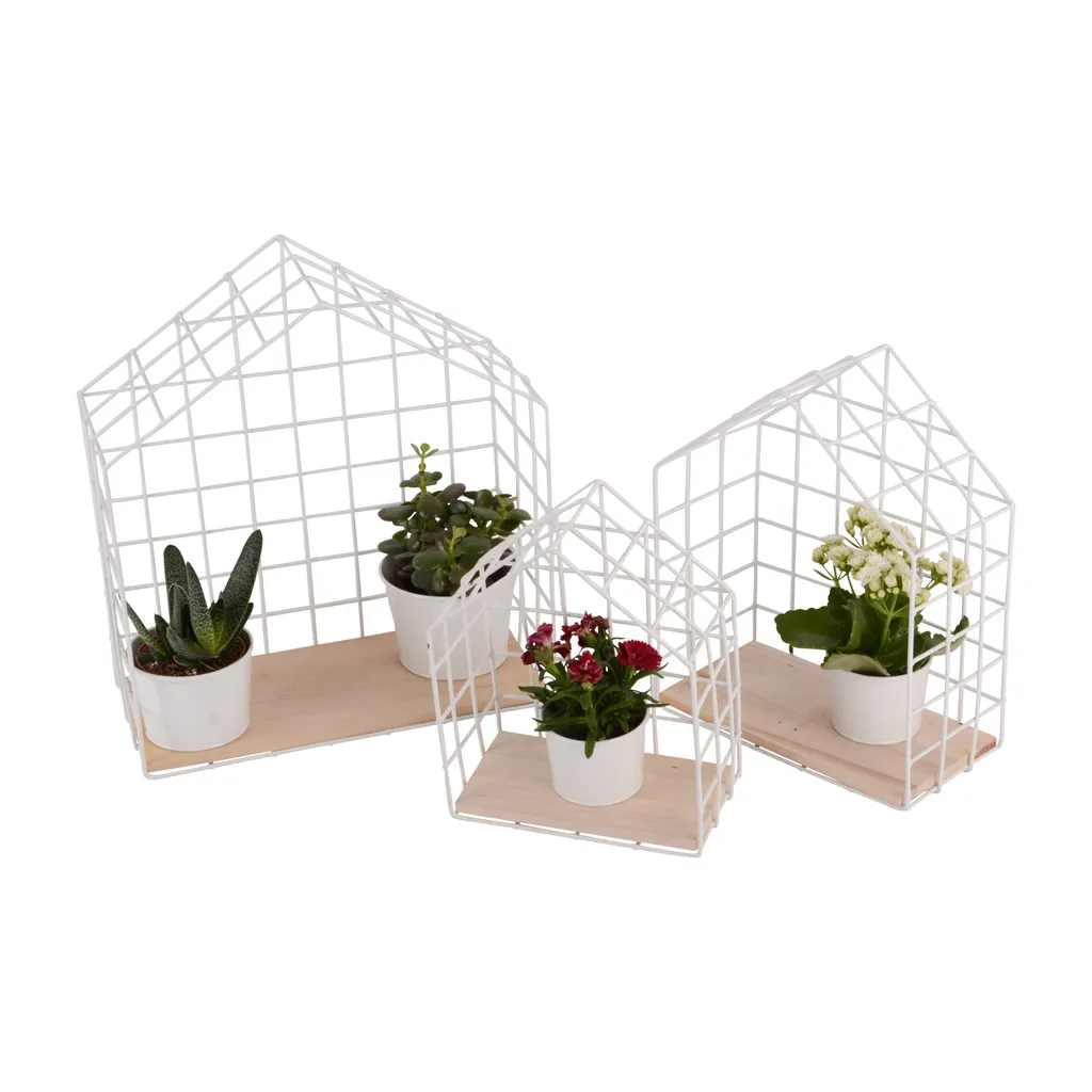 UNUS GARDEN 3er Set Wandregal Metallgitter Haus Weiß Zum Aufhängen Mit 4 Töpfen – Bild 2