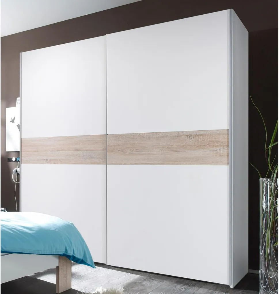 Schwebetürenschrank Kleiderschrank Schiebetürenschrank Schrank "Noni I" Weiß / Absetzung Sonoma-Eiche