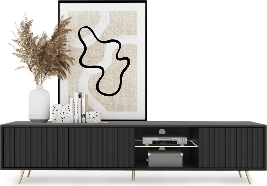 Selsey TV-Lowboard Bello Schwarz Mit Weißer LED-Beleuchtung Lamellenfront Goldene Füße 175 Cm Breit – Bild 4