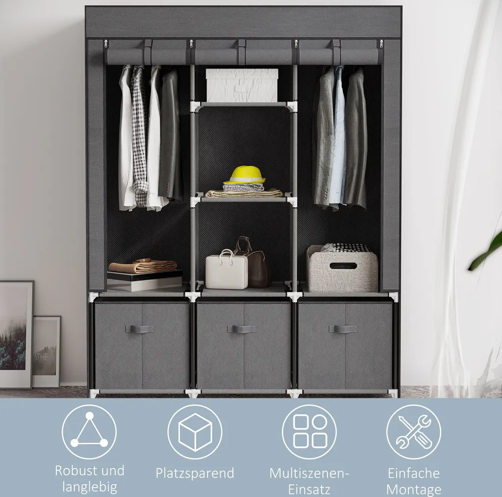 HOMCOM Stoffschrank, Kleiderschrank Mit Kleiderstangen Und Schubladen, Faltschrank Mit Reißverschluss, Faltbare Garderobe Für Schlafzimmer, Vliesstoff, Dunkelgrau, 125 X 43 X 162,5 Cm – Bild 6