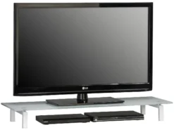 TV Aufsatz Tisch Glasaufsatz Tisch Fernseh Glasbühne Fernseherhöhung "Fine II" (Metall Weiß Mit Weißglas)