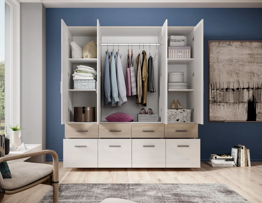 Kleiderschrank "Box" In Sonoma Eiche / Weiß Mit 8 Schubladen Und 4 Türen. Abmessungen (BxHxT) 180x198x55 Cm – Bild 4