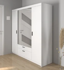 FURNIX Kleiderschrank Schrank 4-türig Mit 2 Schubladen Spiegel ELIZA 176,3 Cm Weiss