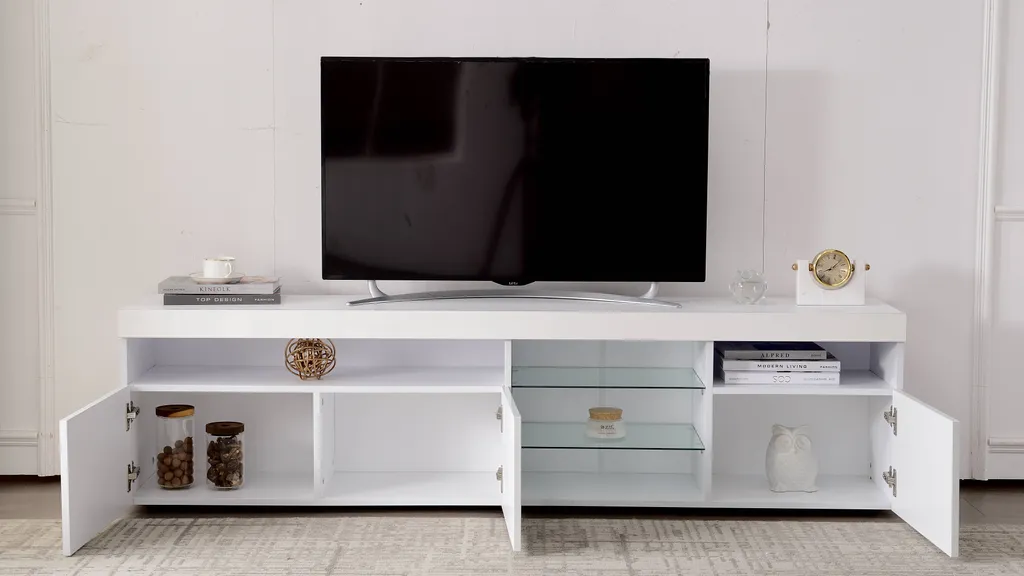 Merax LED TV-Lowboard Weiß Hochglanz Mit LED-Beleuchtung Inkl. Fernbedienung, TV Schrank TV-Schränke Fernsehtisch 180cm Wohnzimmerschränke – Bild 4