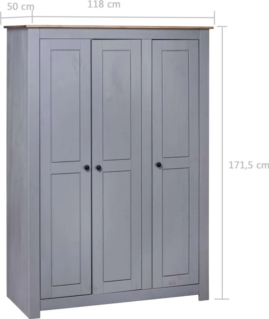 VidaXL Kleiderschrank 3-Türig Grau 118×50×171,5 Cm Kiefer Panama Serie – Bild 7