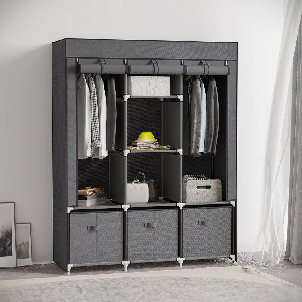 HOMCOM Stoffschrank, Kleiderschrank Mit Kleiderstangen Und Schubladen, Faltschrank Mit Reißverschluss, Faltbare Garderobe Für Schlafzimmer, Vliesstoff, Dunkelgrau, 125 X 43 X 162,5 Cm – Bild 2