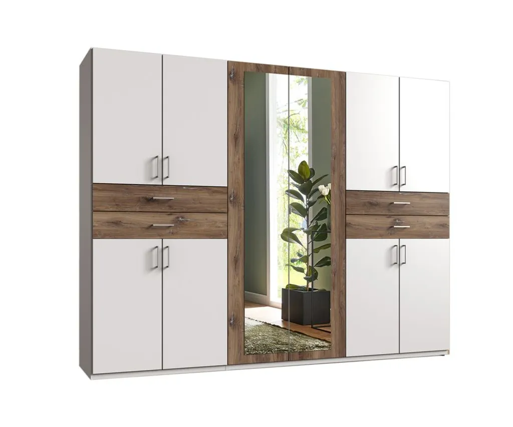 Taiga 10-türiger Kleiderschrank Mit 2 Spiegeln Weiß / Flagstaffeiche, Passepartout (Rahmen):ohne Passepartout – Bild 2