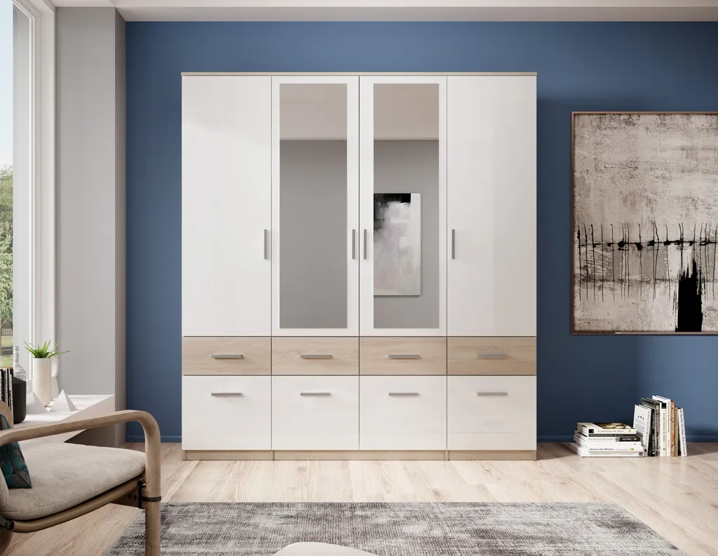 Kleiderschrank "Box" In Sonoma Eiche / Weiß Mit 8 Schubladen Und 4 Türen. Abmessungen (BxHxT) 180x198x55 Cm – Bild 2