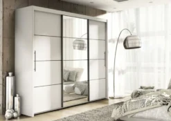 Schwebetürenschrank Ivona Kleiderschrank 250x62x216cm 3-türig Weiß / Spiegel