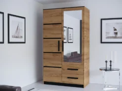 Mirjan24 Kleiderschrank Malta 103, Drehtürenschrank, Schlafzimmer, Garderobenschrank Mit Spiegel (Eiche Craft Gold / Schwarz)