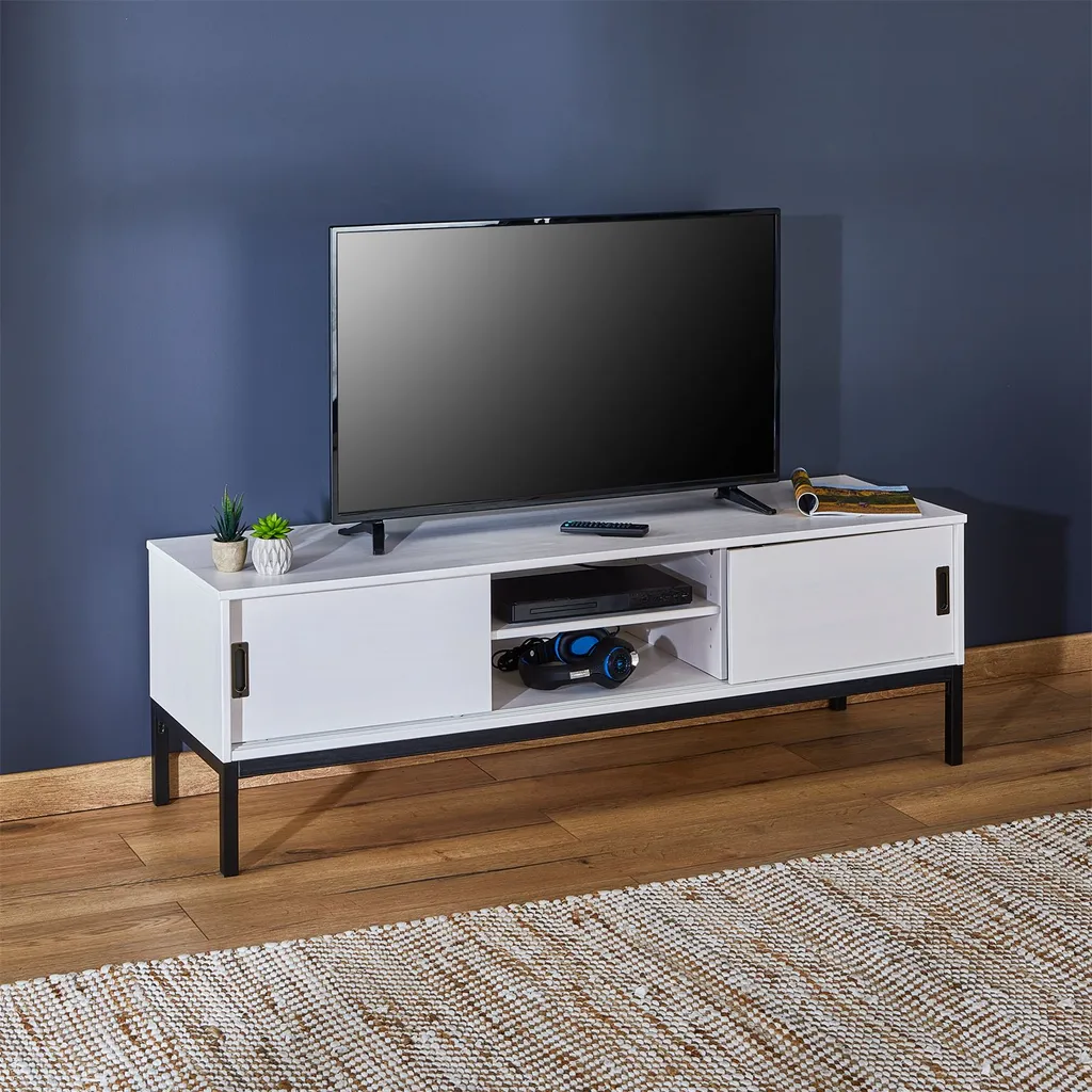 Lowboard TV Möbel SELMA, Fernsehtisch Fernsehschrank Im Industrial Design Mit 2 Schiebetüren 1 Offenes Fach, Kiefer Massiv, Weiß – Bild 2