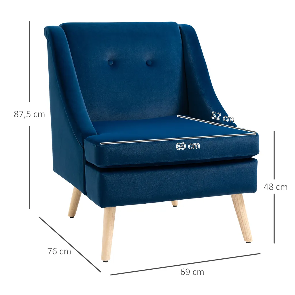 HOMCOM Esszimmerstuhl Loungesessel Mit Armlehne Akzentsessel Küchensessel Skandi-Design Bis 150 Kg Belastbar Für Wohnzimmer Schlafzimmer Bezug Aus Samt Blau 69 X 76 X 87,5 Cm – Bild 3
