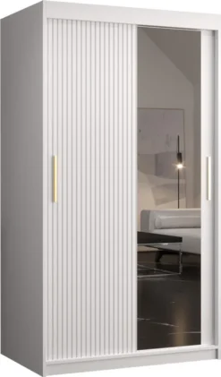 Mirjan24 Kleiderschrank Riflo Slim 2 100, 2-türig Schiebetürenschrank, Zwei Kleiderstangen, Aluminium-Gleitschienen, Frontspiegel (Farbe: Weiß)