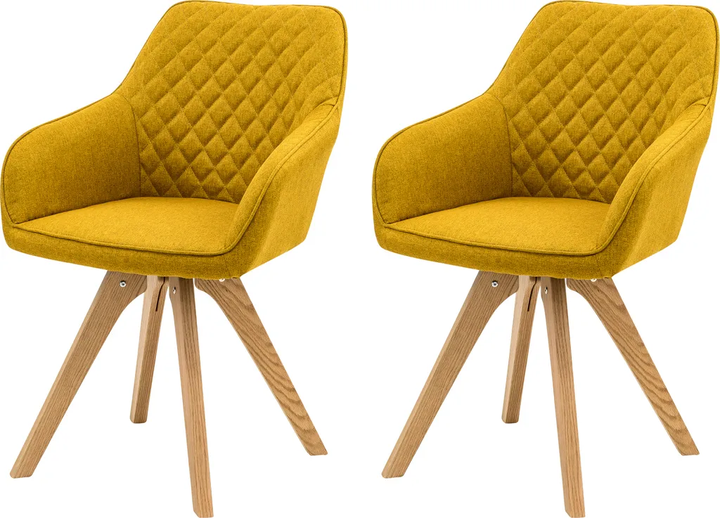 SalesFever Polsterstuhl 2er Set Mit Armlehnen | Bezug Textil | Gestell Eichenholz Massiv | Rautensteppung Im Rückenbereich | B 59 X T 61 X H 88 Cm | Curry-gelb