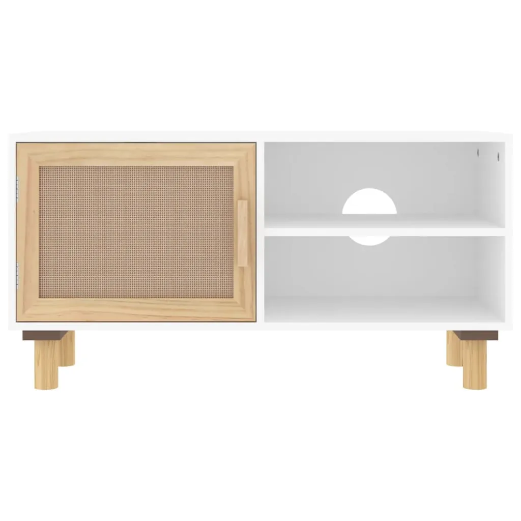 VidaXL TV-Schrank Weiß 80x30x40 Cm Massivholz Kiefer Und Natur-Rattan – Bild 4